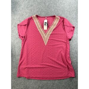 Saukole Women XL Pink Eyelet V-Neck Top Crochet Lace Trim Magenta NWT